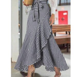 Gingham Print Belted Stretchy waist Ruffle Max Skirt